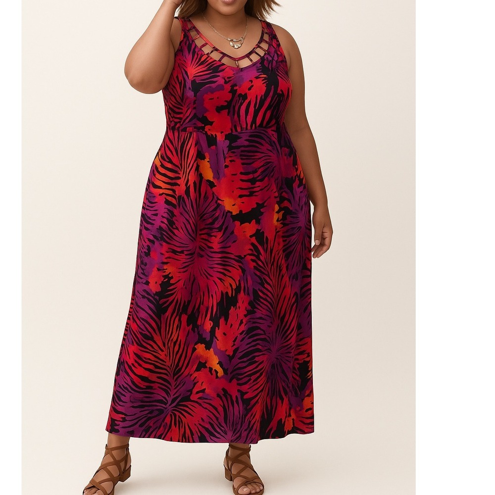 Lane Bryant Red Purple‎ Maxi Dress 14/16 Tropical Resort Sleeveless Vacation